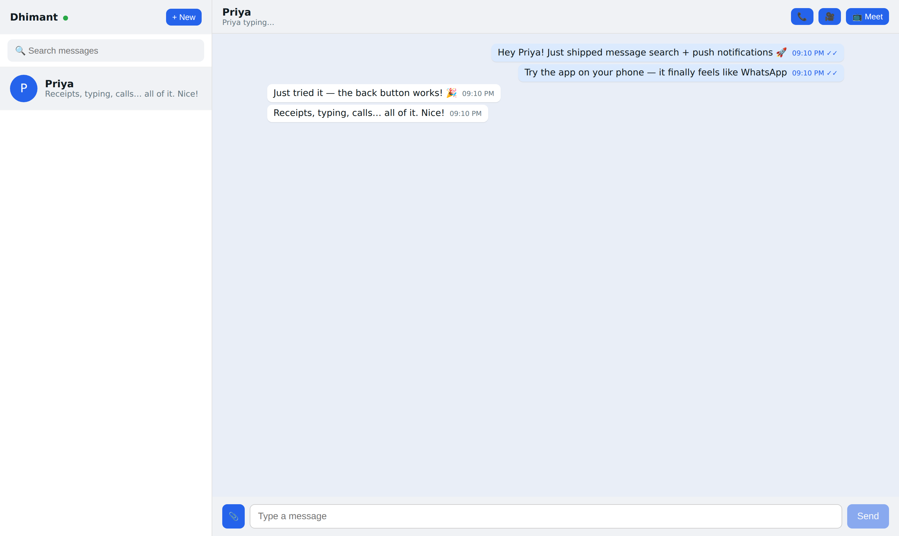 Dcom — WhatsApp-style chat with live receipts, typing and search